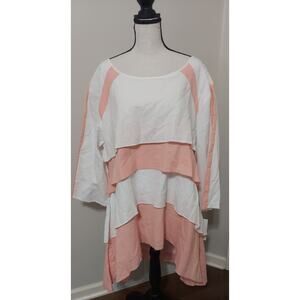 Ella Belle Sz 1X 100% Linen Ruffle Bell Sleeve Pink White Hi Low Tunic Top NWT
